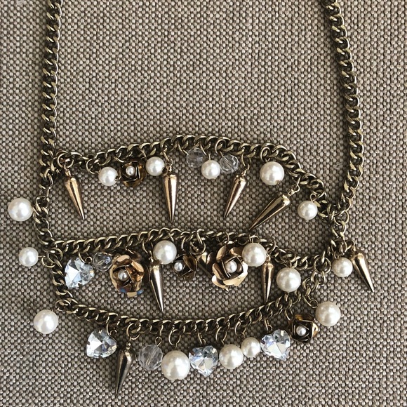 Bib Necklace with Crystals and Faux Pearls - Picture 2 of 2